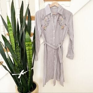 EN Creme striped embroidered button down dress S